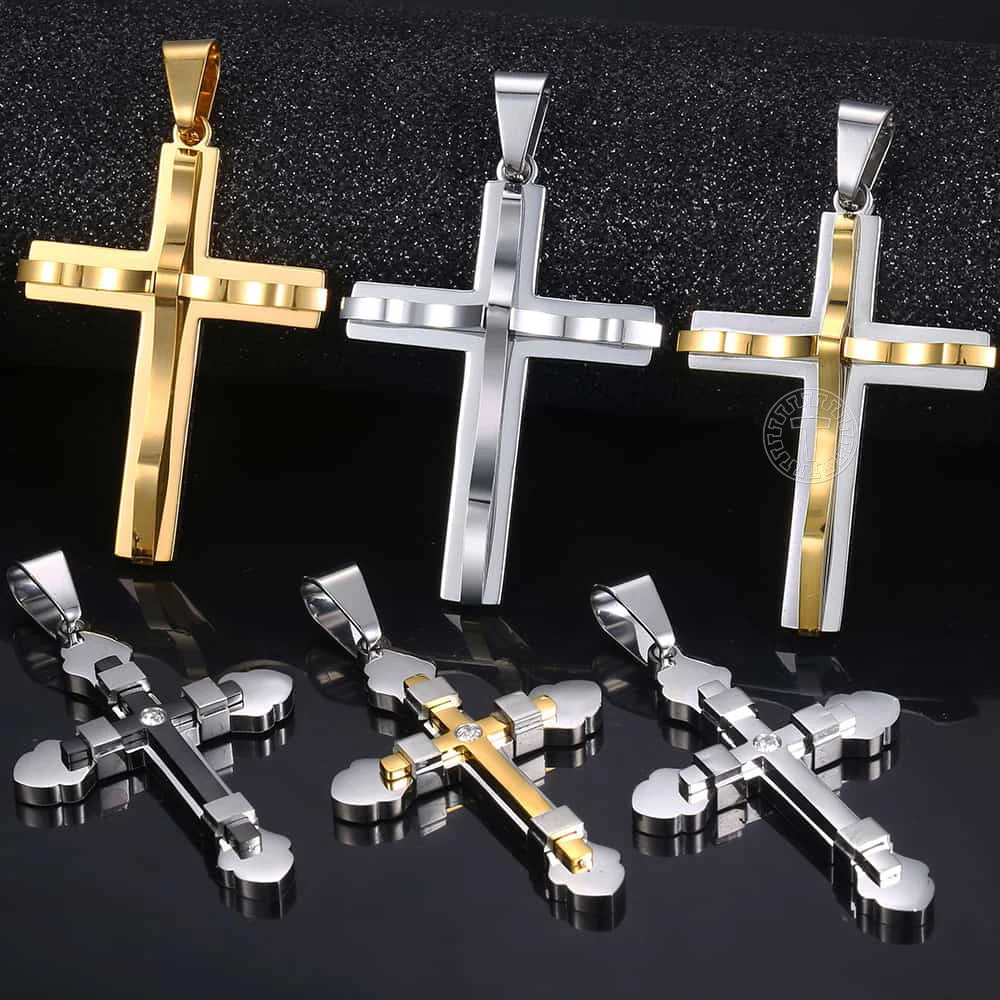 Davieslee 15 Styles Stainless Steel Cross Pendant for Men Gold Silver Color Multi Layers Clear CZ Trendy Jewelry DLKPP1