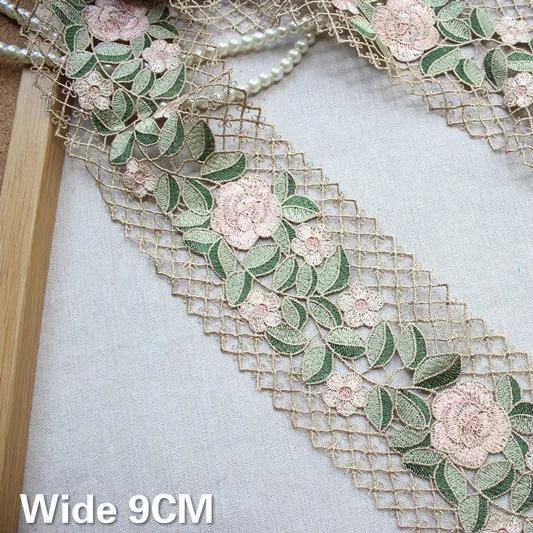 9CM Wide Green Cotton Venise Mesh Embroidery Ribbon 3d Rose Lace Trim Dress Guipure Applique DIY Garments Sewing Accessories