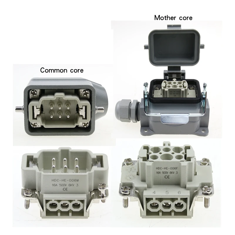 Heavy Duty Connector he-06-5-6 6 Core Pins  High Base with Protective Cover Aviation Industry Waterproof Plug Socket 500V 16A