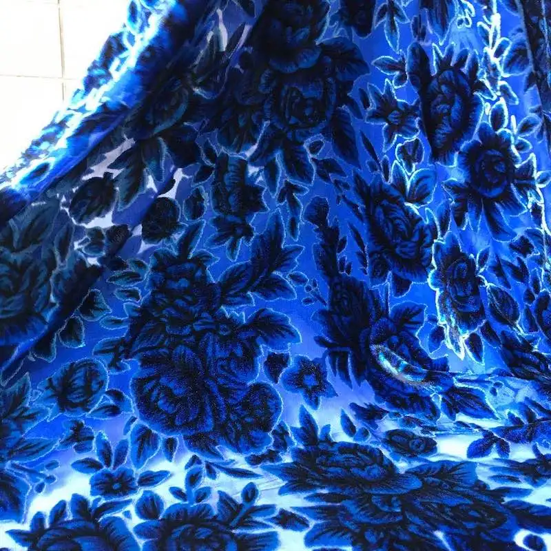 Blue Burnt Out Really Velvet Silk Fabric Clothing Cheongsam Dress Cloth Material Telas Tecido Tecidos