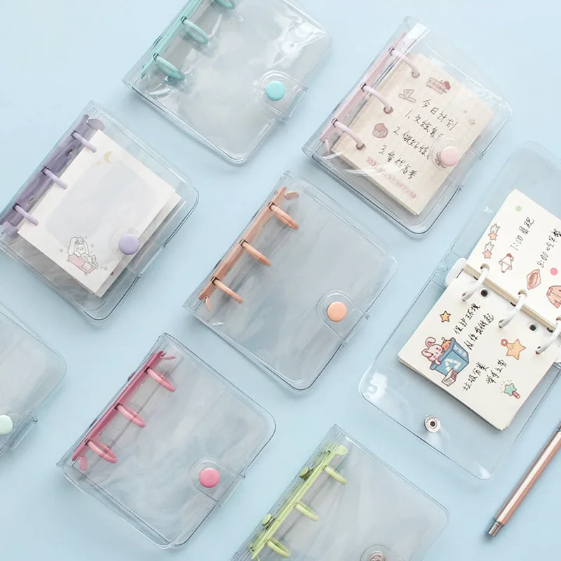 Mini conta de mão transparente em pvc, conjunto de folhas soltas com três buracos portátil de estudantes papel adorável