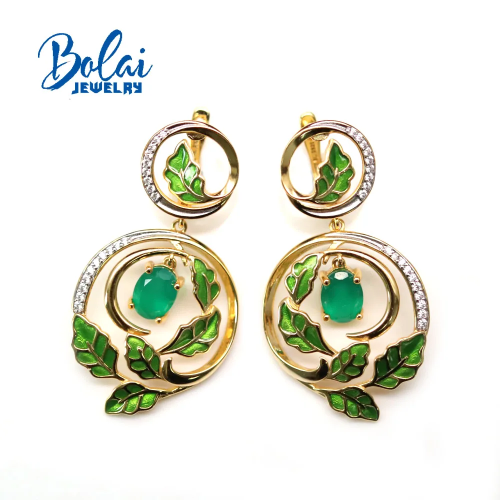 bolai,2021 new 925 sterling silver natural green agate oval 6*8mm Big earrings, Fresh leaf shape design, suitable for party wear