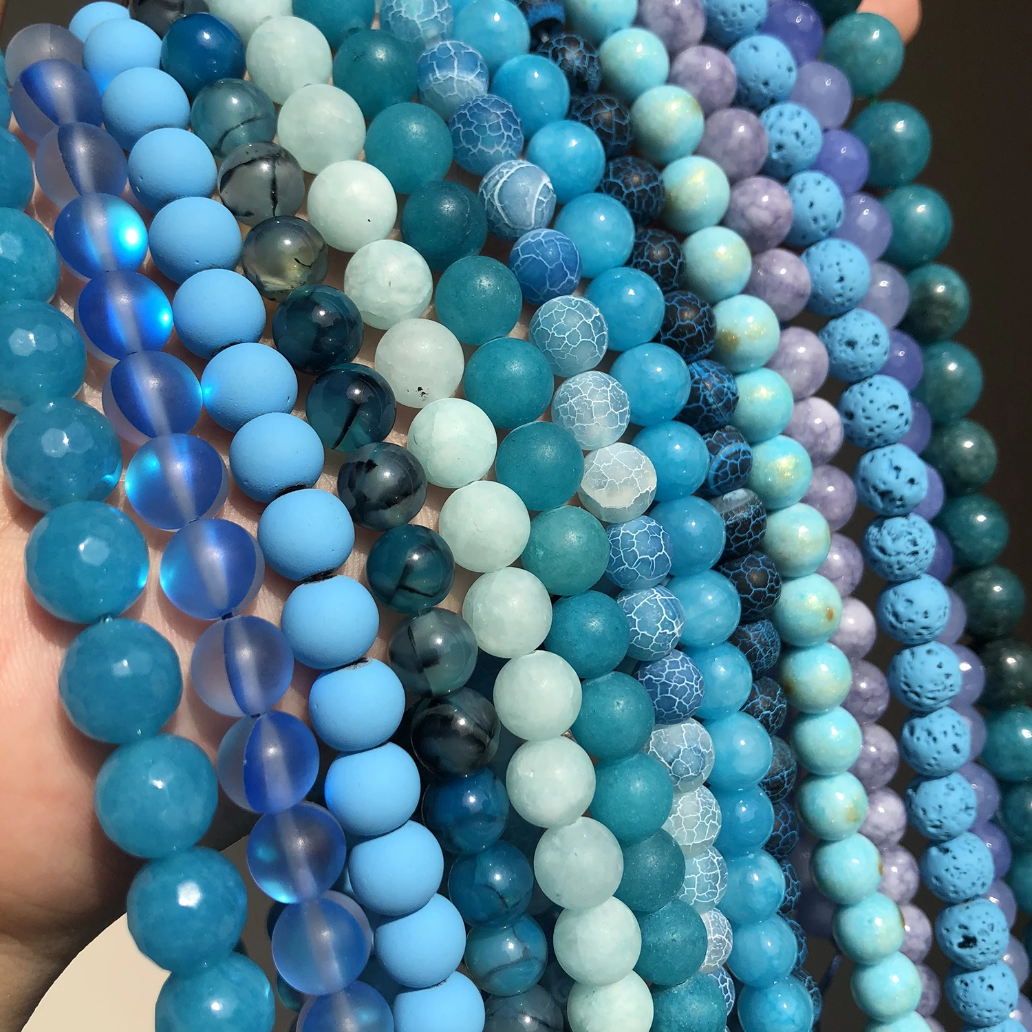 Natural Round Beads Blue Agates Jades Turquoises Rondelle Crystal Loose Stone Beads for Jewelry Making Bulk DIY Bracelet 15\'\'