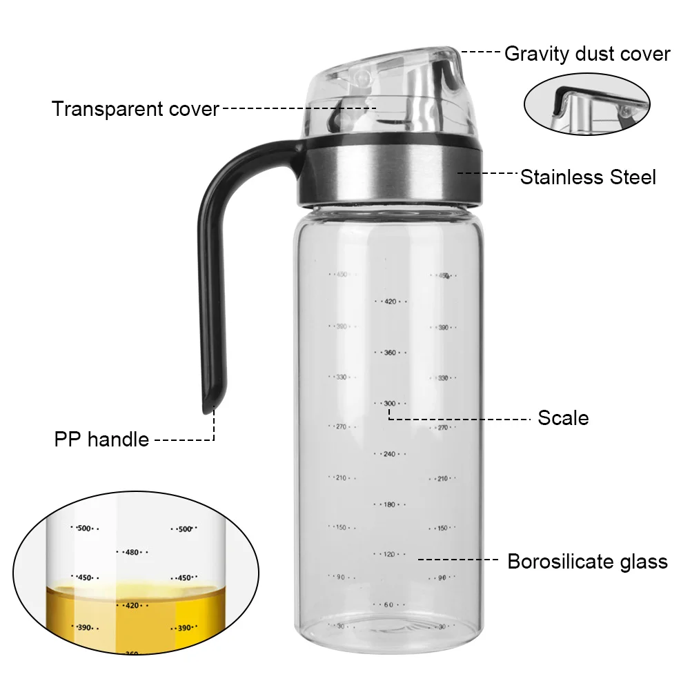 Leakproof with Scale Auto Flip Cap Transparent Glass Olive Oil Dispenser Bottle Large Condiment Container