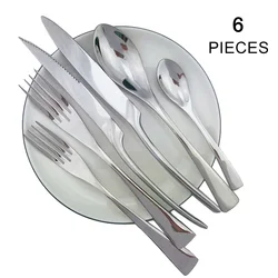 6Pcs Silver Teaspoon Fork Spoon Silverware Flatware Set 304 Stainless Steel Dinnerware Steak Knife Forks Mirror Silver Cutlery