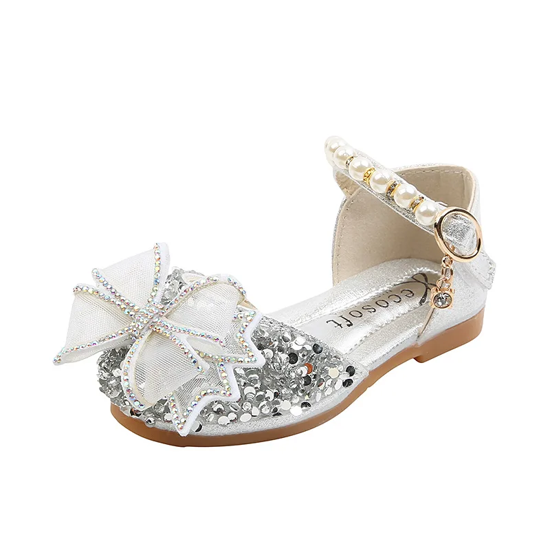 Girls Sandals Rhinestone Pearl Butterfly Dance Kids Shoes Children Flat Princess Shoes Glitter Leather Party Dress Wedding E615