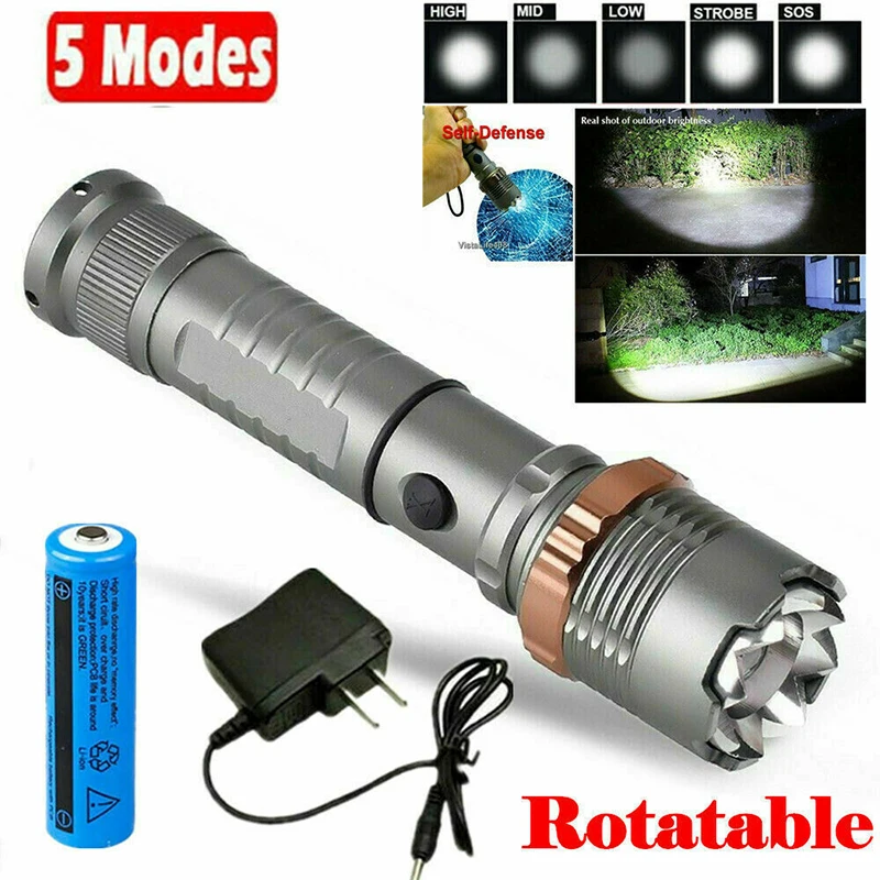 D2 Powerful Tactical LED Flashlight Rechargeable Police Super Bright Torch Zoomable 5 Modes Lantern High power led flashlights