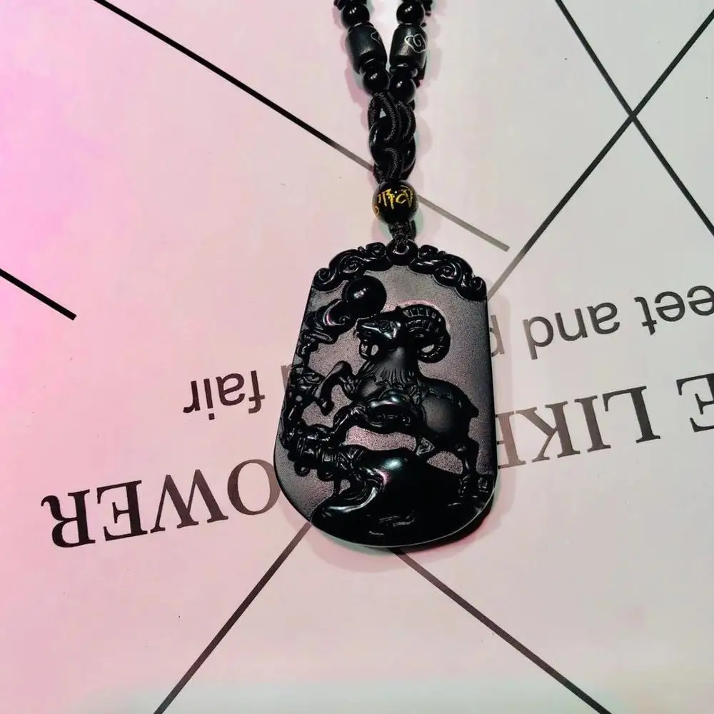 Natural obsidian Zodiac sheep pendant obsidian feather sheep pendant + with high-end sling