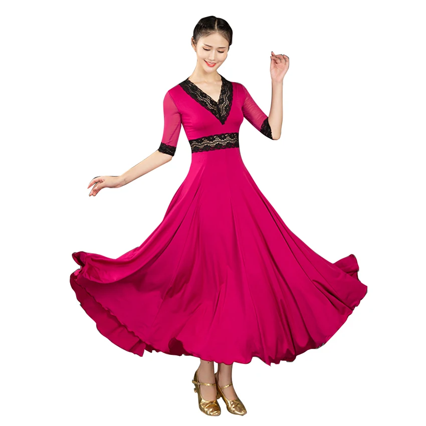 V-Hals Kanten Stiksels Standaard Vrouwen Ballroom Dansjurk Wals Volwassen Moderne Bal Kostuums Tango Rumba Kleding