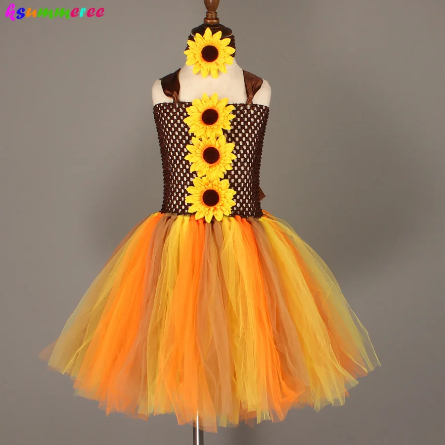 Fall Sunflower Girls Tutu Dress with Matching Headband Kids Woodland Fairy Costume Children Thanksgiving Birthday Tutu Dress