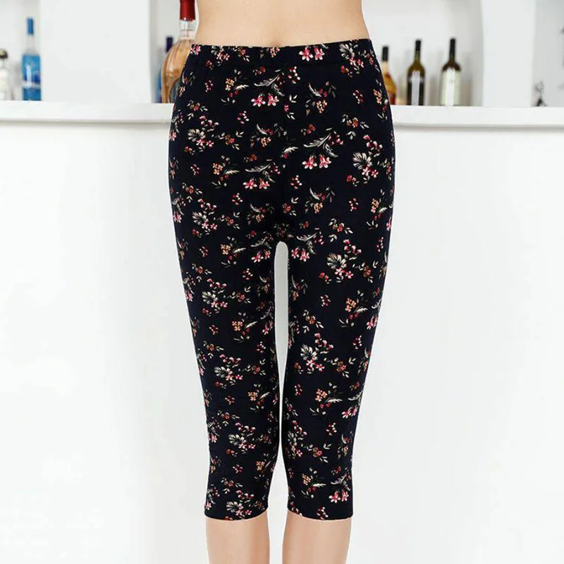 Mais tamanho calças curtas casuais capris mulheres leggings verão floral impresso preto rua wear cintura alta sexy legging