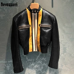 Nerazzurri Spring Short Patchwork Faux Leather Jackets for Women Long Sleeve Zipper Crop Top Runway Designer Clothes Fashion