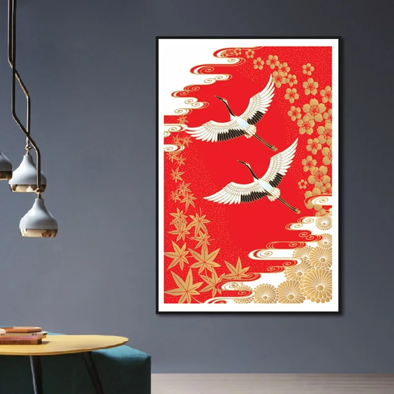 New Chinese Style Landscape Abstract Crane White Cloud Porch Red Bottom Canvas wall Painting Art Decorative Painting