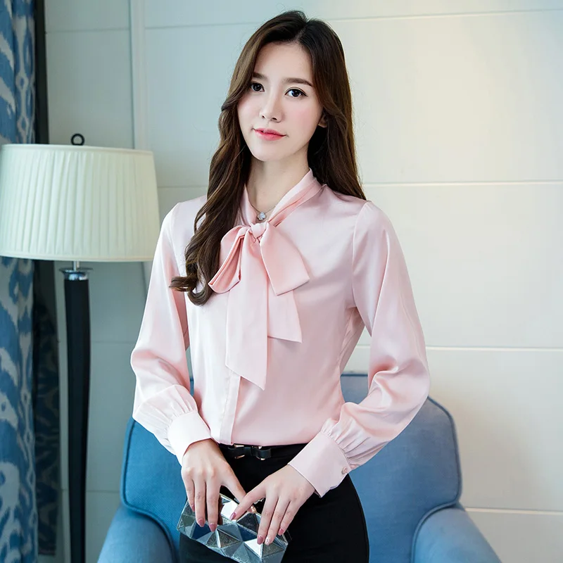 Elegant Office Lady Blouses Women 2022 Fashion Korean Lace Up Bow Satin Shirt Solid Long Sleeve Tops Femme Blue Red Black Pink