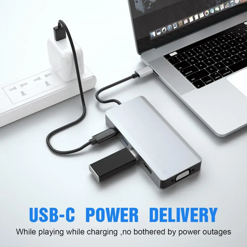 Адаптер USB Type C на HDMI 4K 30 Гц VGA SB3.0 USB C PD 5 в 1