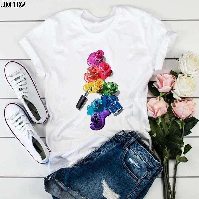 Harajuku 3D Nail Polish Print Women's T-shirt Summer Fashion Trend Woman T shirt Casual Street Wear White Top Tee Female Tshirt