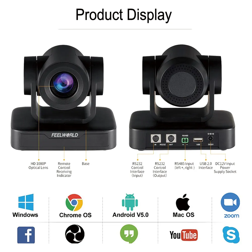 FEELWORLD-Cámara de videoconferencia PTZ con Zoom óptico 10X, USB 2,0, Full HD, 1080P, transmisión en vivo, compatible con Skype, MSN Lync