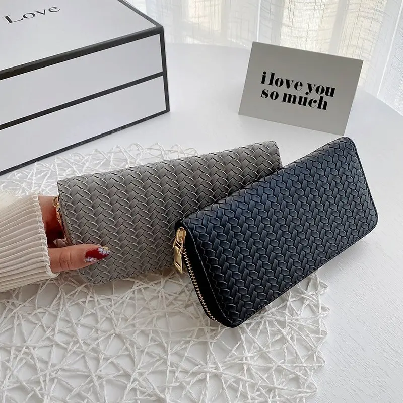 Women Weave Wallet Wrist Handle Phone Case Long Section Money Pocket Pouch Handbag Women Purse Card Holder Wallet