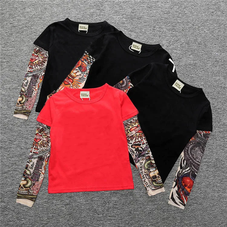 

INS Spring Autumn Children's Clothing Boys T-shirt Long-sleeved Splicing Hip-hop Style Tattoo Sleeves Boys Graphic Tee