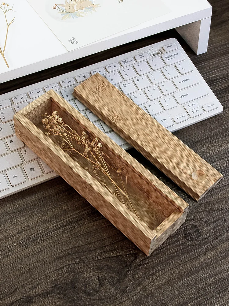 Rectangular Pull Cover Bamboo Storage Box, Long Strip Solid Wood Desktop Sundries Packing Box