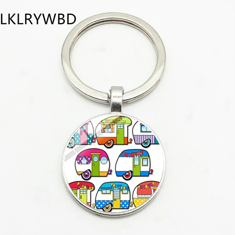 LKLRYWBD / Car Camper Keychain Cartoon Cute Tourist Cabochon Glass Handmade Keychain Traveler Beautiful Keychain Gift