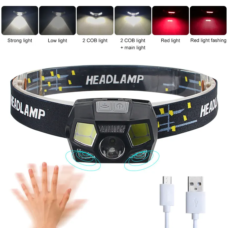 

6Modes USB Rechargeable LED Sensor Motion Headlamp Bright LED Headlight Outdoor Camping Fishing Light Warning light 200M XPE+COB