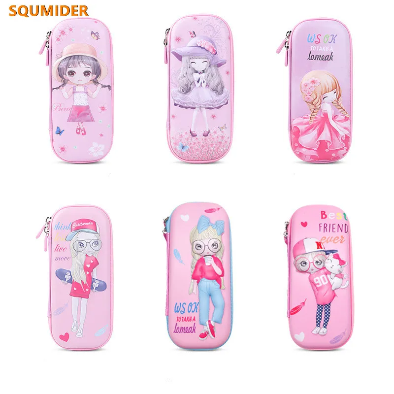 3D cute girl pencil case School stationery box Large capacity Pencil cases for children pen case Pink pen box kawaii gifts bag