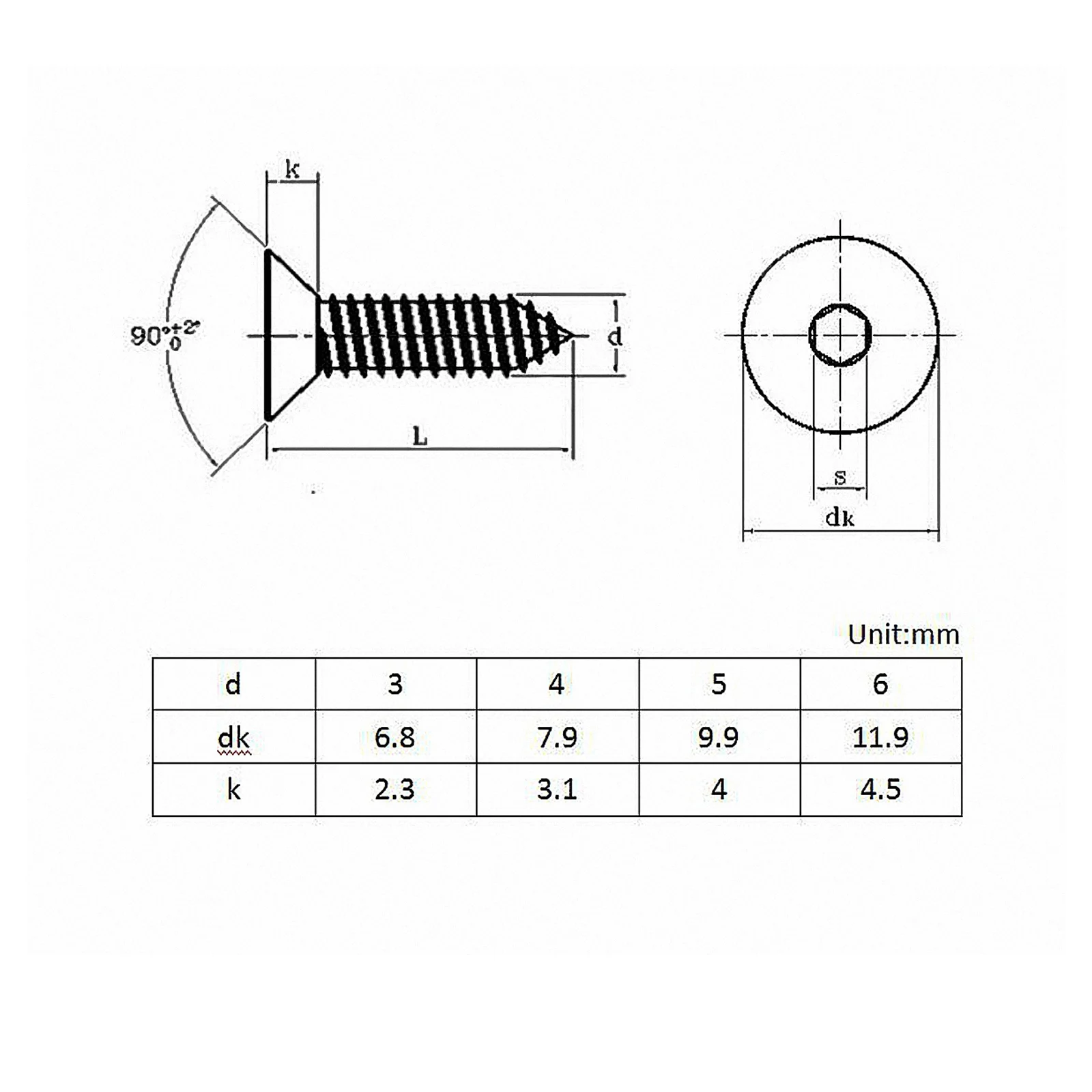 304 Stainless Steel Flat Head Hexagon Selftappingscrew / Hex Socket Countersunk Head Self Tapping Screw M2 M2.5 M3 M4 M5 M6