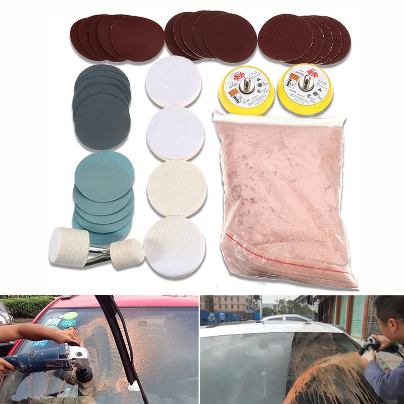 34pcs/Set Deep Scratch Remove Glass Polishing Kit 8 Oxide Cerium Sanding Disc Wool Polishing Pad For Windscreen Windows