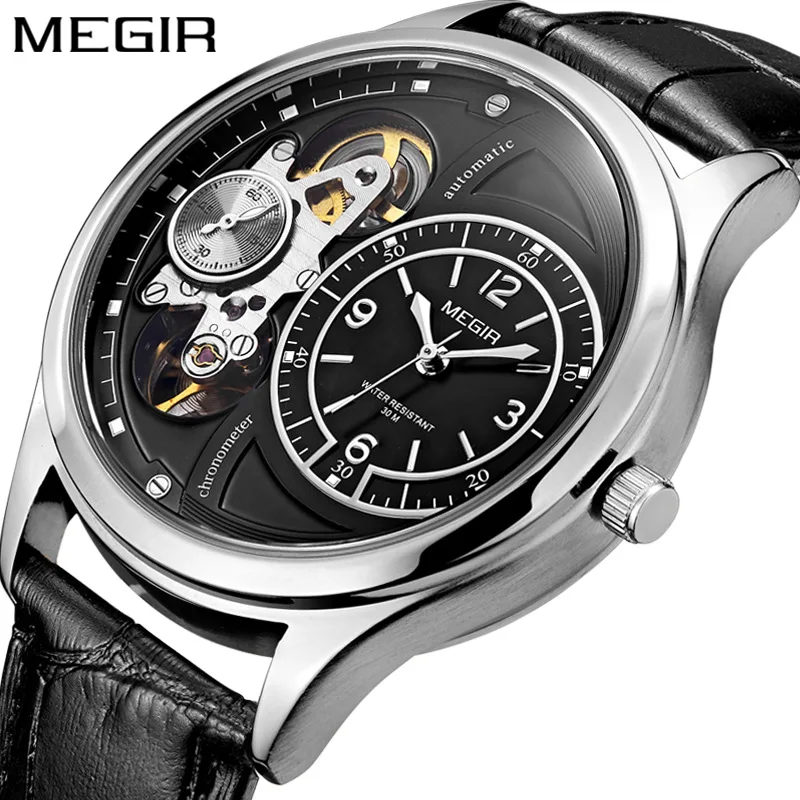 MEGIR Brand Tourbillon Design Men\'s Quartz Watch Multi-function Sports Mechanical watches Leather Strap Waterproof Men Clock