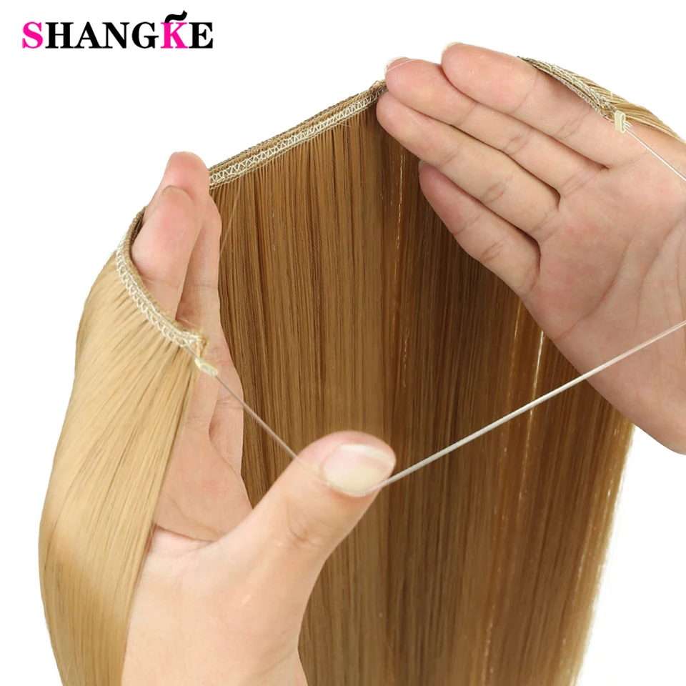 Shangke Synthetische 24 Inches Lang Krullend Golvend Haar Extension Secret Vis Lijn Haarstukken Extension Zwart Rood Ombre Golden Brown