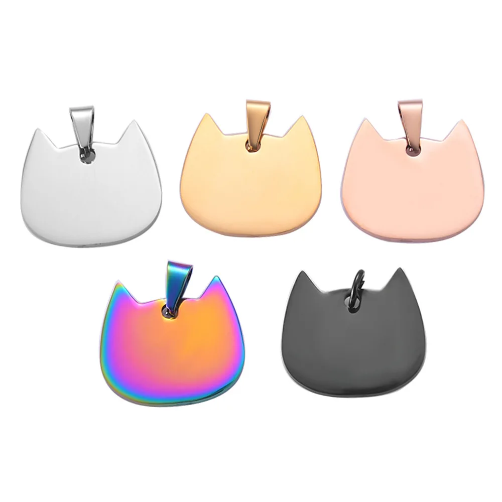 5Pcs Good Quality Cat Shape Pendant Charm Cat ID Stainless Steel Blank Cat Tags 5 colors Both side Polished