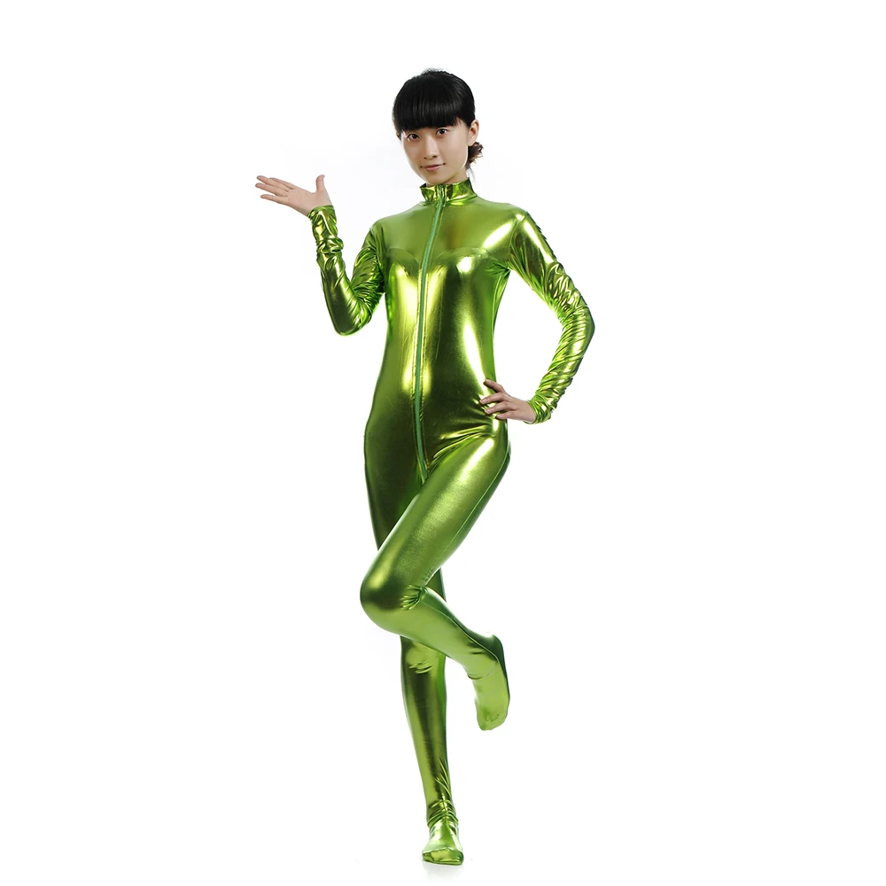 2021 frete grátis bodysuit metálico brilhante rosa feminino unitard catsuits metálico footed zíper zentai bodysuit pode personalizar