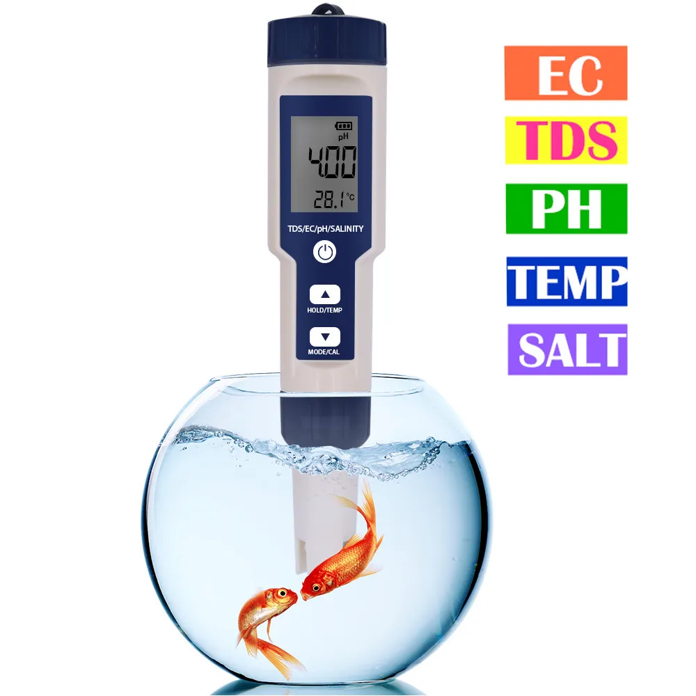 5-in-1-PH-Messgerät, Wasserqualitätstester, digitales TDS EC PH-Salzgehalt-Temperaturmessgerät für Pools, Aquarien, Wasser mit Hintergrundbeleuchtung – Detail 7