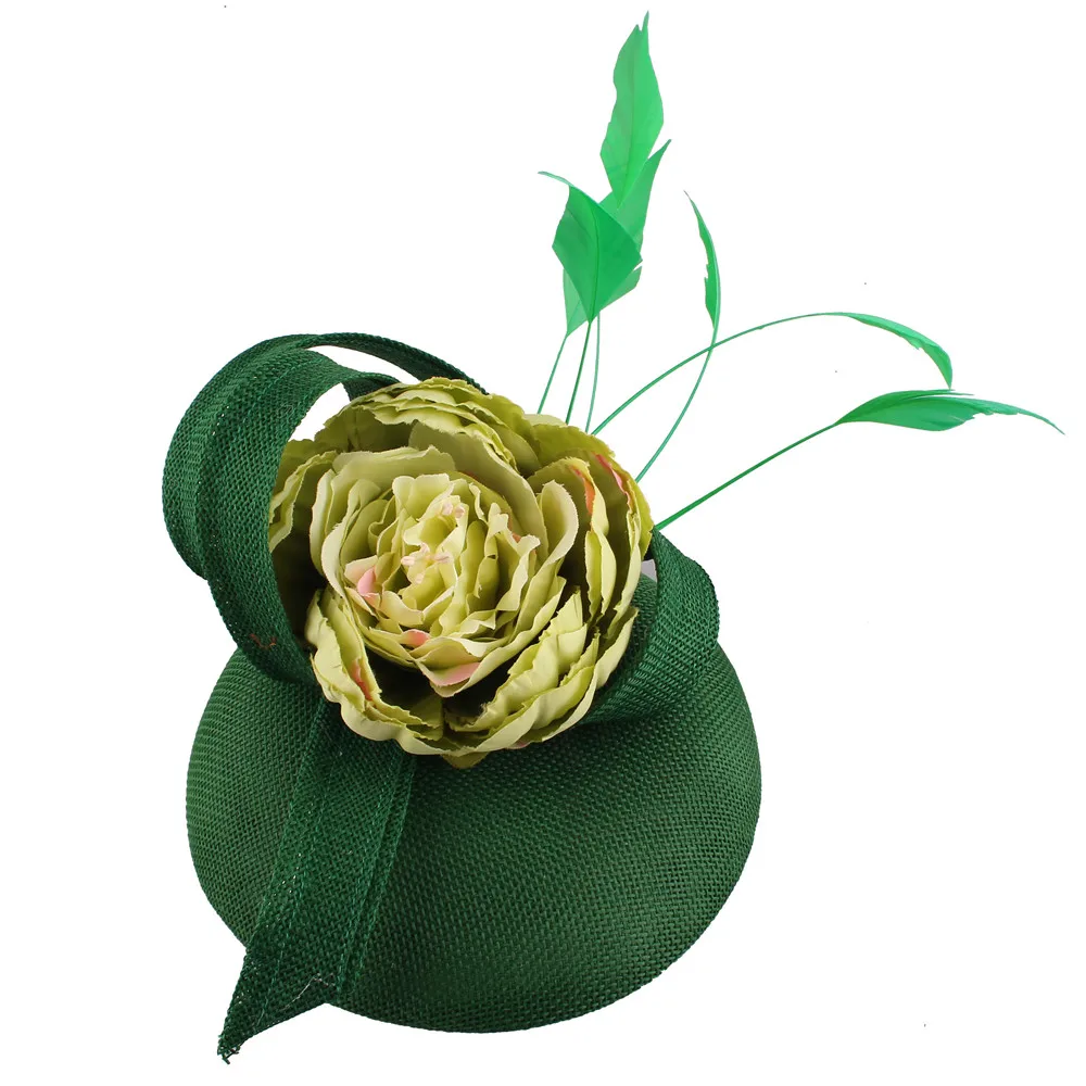 Pinzas para el pelo de plumas con lazo verde para mujer, accesorios para el cabello, sombreros de fiesta de iglesia para mujer, sombreros elegantes para mujer, XMF352