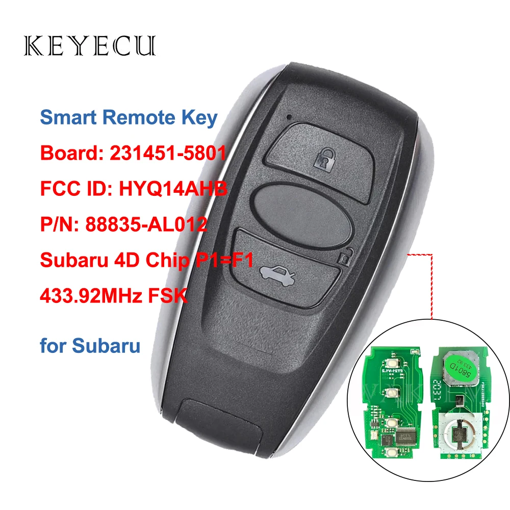 

Keyecu Smart Prox Remote Key Fob 3B 433.92MHz for Subaru BRZ Forester Impreza Legacy WRX XV Board: 231451-5801, FCC ID: HYQ14AHB