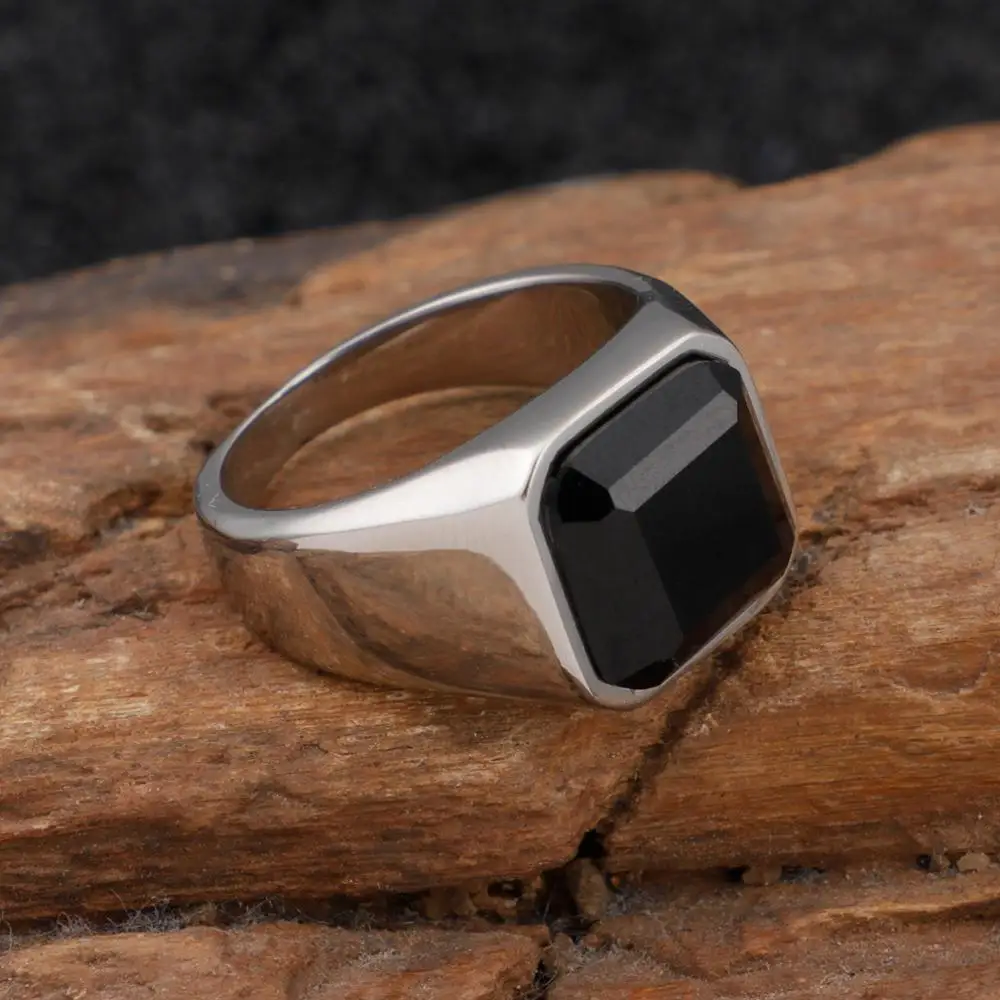 Fongten Curb Square Black Stone Ring Gold Silver Color Stainless Steel Big Punk Polished Finger Rings Couple Lover Wedding Rings