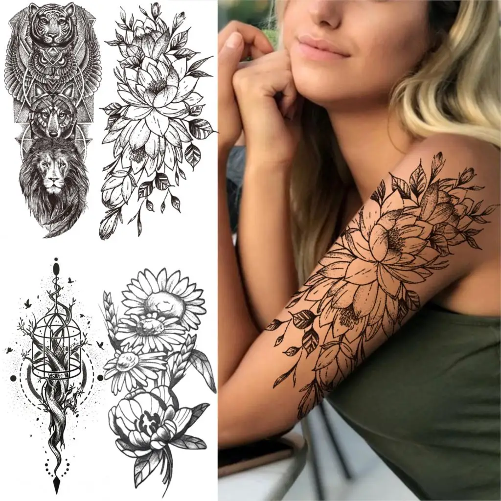 Black Dahlia Flower Temporary Tattoos For Women Men Realistic Tiger Wolf Lion Fake Tattoo Sticker DIY Waterproof Arm Tatoo Paste