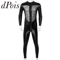 Unisex One Piece Mens Wet Look PVC Leather Clubwear High Neck Long Sleeves Zipper Front Mesh Splice Full Body Bodysuit Leotard