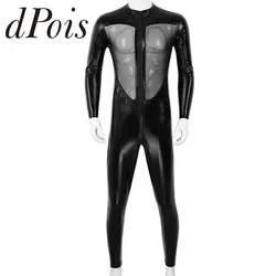 Unisex One Piece Mens Wet Look PVC Leather Clubwear High Neck Long Sleeves Zipper Front Mesh Splice Full Body Bodysuit Leotard