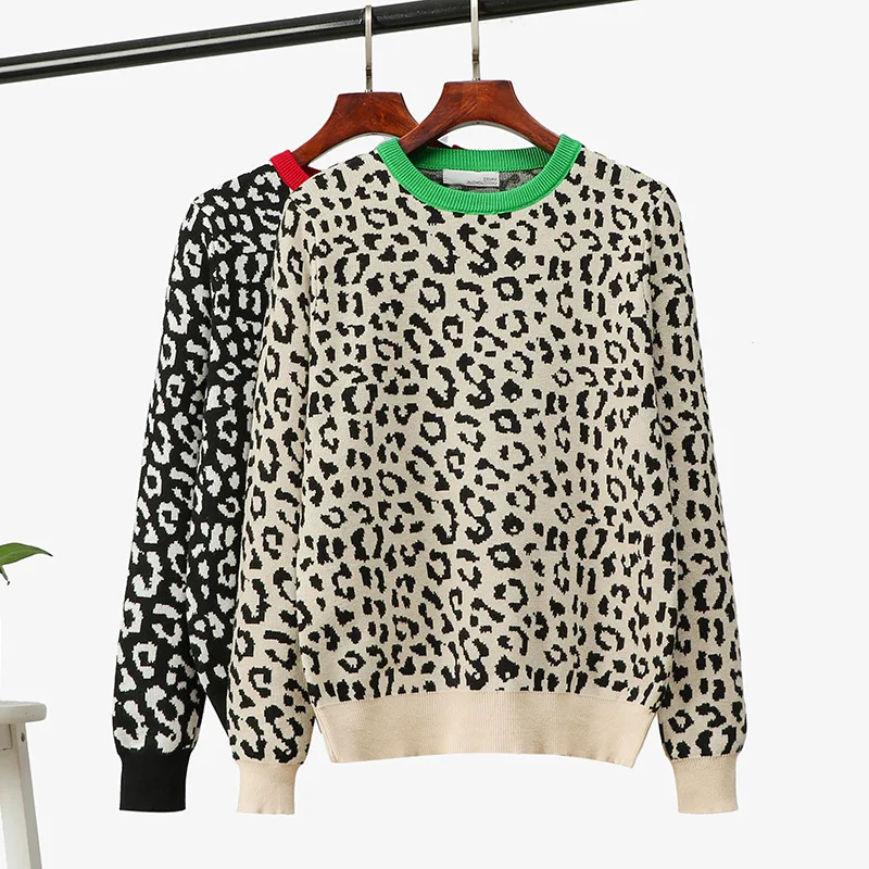 Jumper Autumn Winter Knitted Sweater Women  Korean Oversized Sweaters Female Leopard Jacquard Fashion Wool Blends Pullover