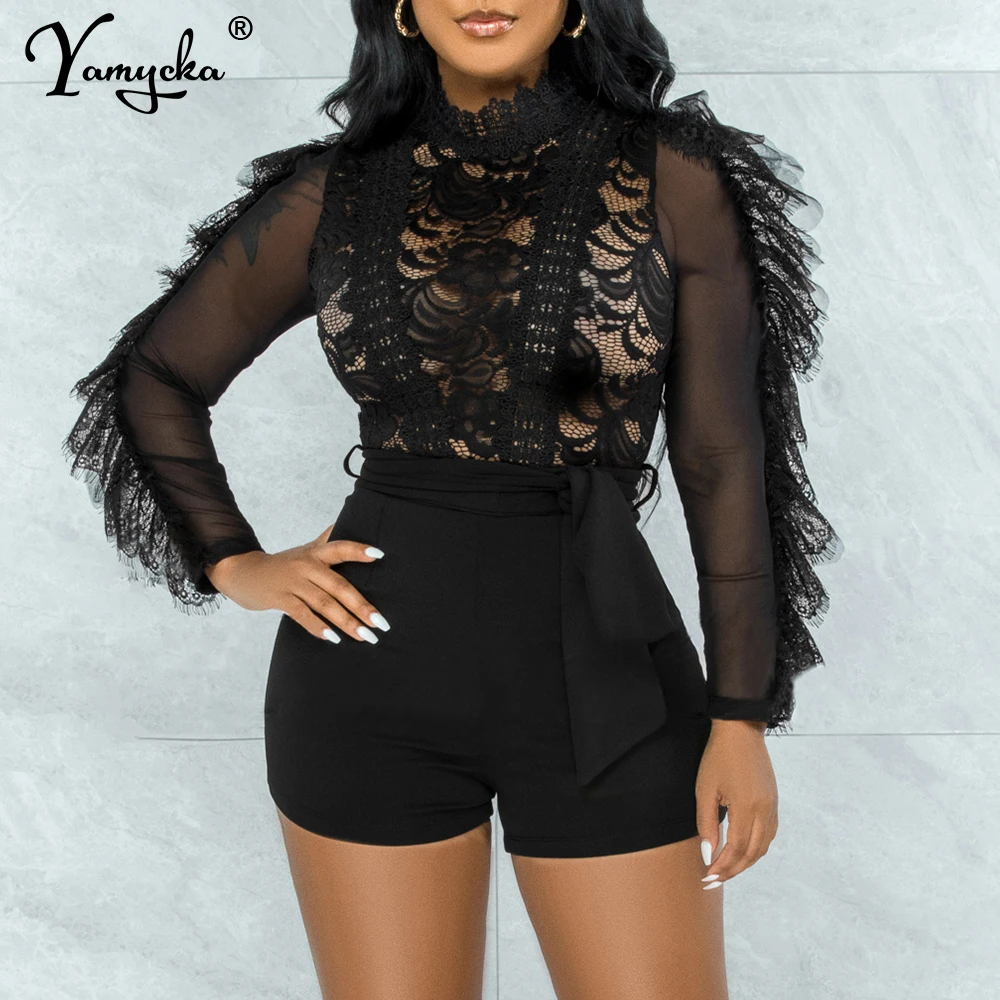 

Sexy see through lace bodysuit bodycon jumpsuit women summer bodys shorts jumpsuits holiday party club outfits romper playsuits