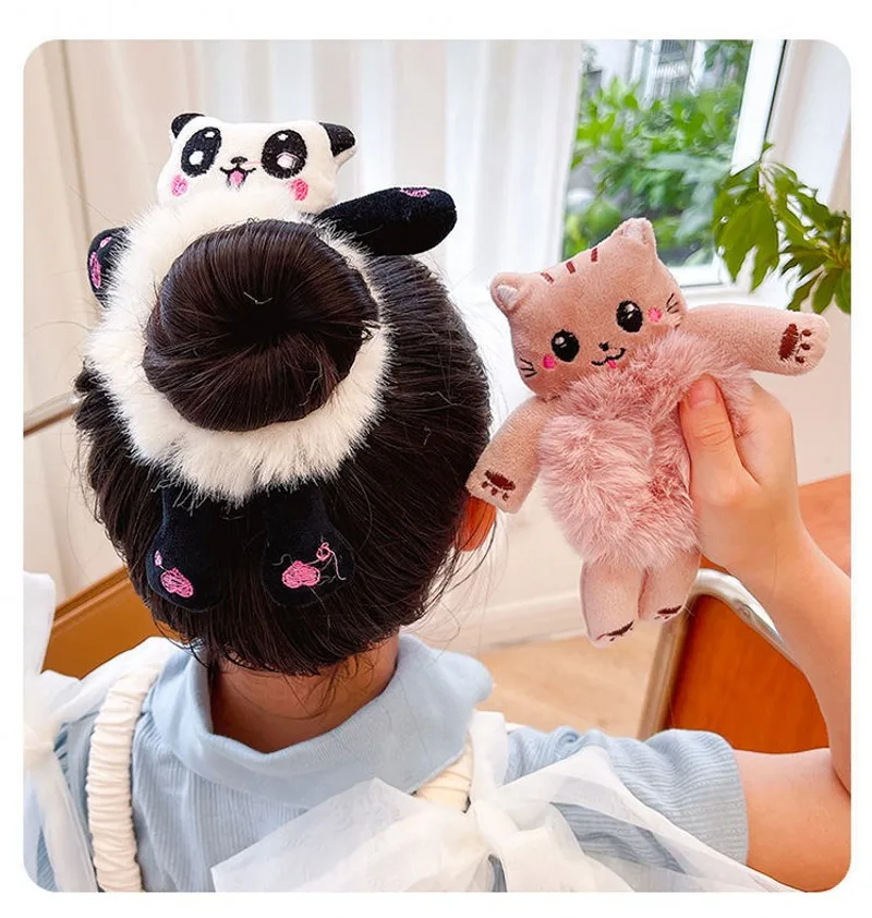 Laço de cabelo para crianças elástico cabelo de borracha cabeça da criança acessórios dos desenhos animados de pelúcia sapo coelho gato pelúcia animal scrunchie atacado