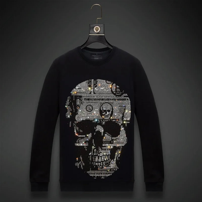 2024 Men Skull Rhinestones Hoodie Sweatshirt Fashion Streetwear Full Pullover Hoodie Black O Neck Cotton Mens Autumn Clothes 6XL