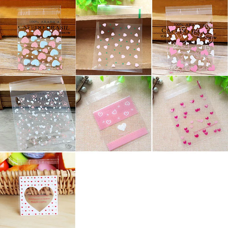 50/100pcs Lovely Heart Plastic Bag Small Self Adhesive Plastic Bag for Package Baking Cake Biscuit Festival Party Supplies 7*7cm