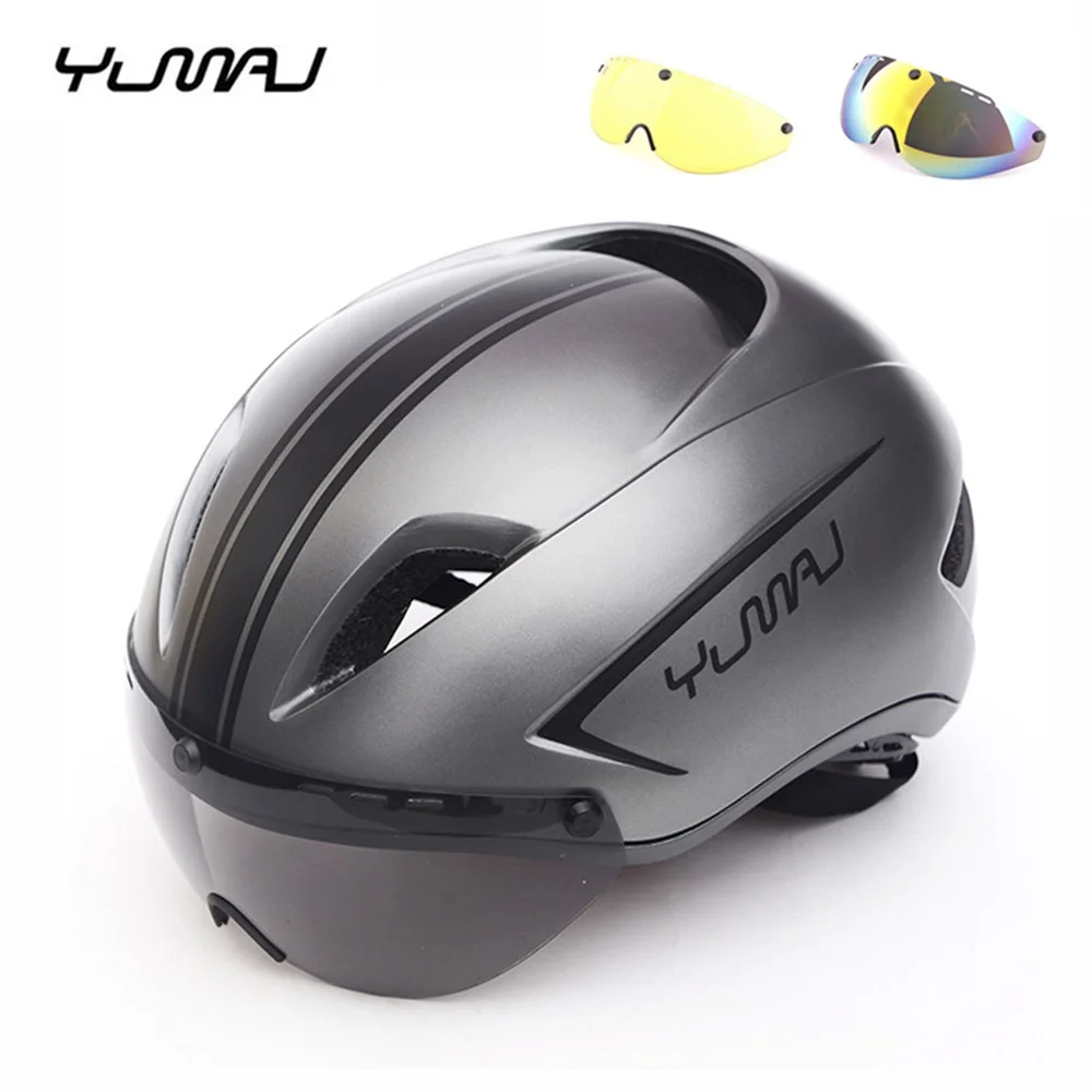 3 lens New Aero TT Road Bicycle Helmet Magnetic Goggle Racing Cycling Bike Sports Safety Helmet TT Timed Road Bike Helmet Lens