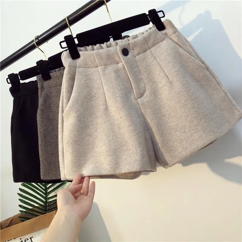 Winter Women Casual Thick Wool Shorts  Outerwear High Waist Short Wide Leg Short Pants Female Warm Loose Shorts Pockets