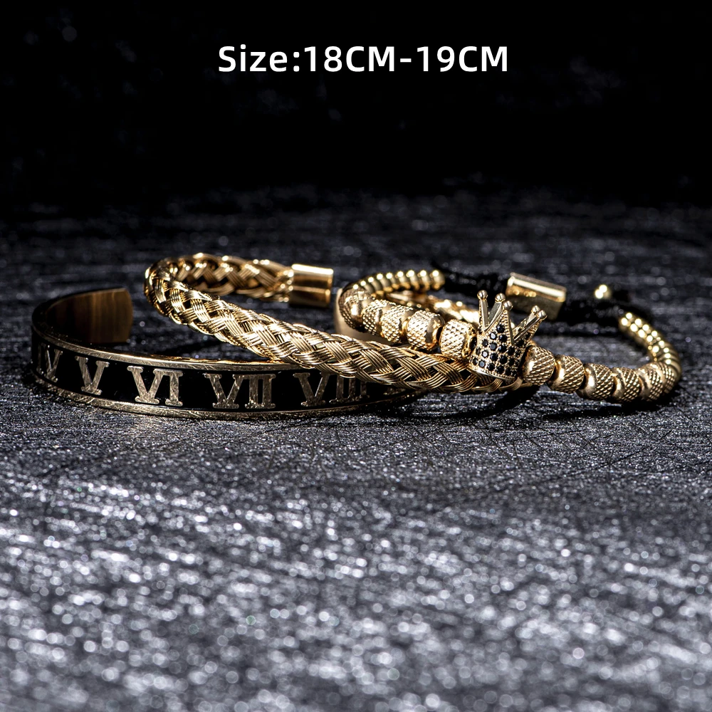 Luxury Crown Handmade Men Enamel Roman Numeral Bangles Hemp Rope Buckle Open Stainless Steel Micro Pave CZ Luxury Jewelry
