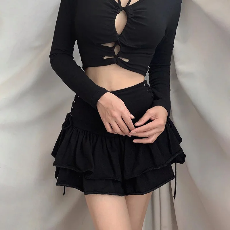 Sexy Harajuku Black Pleated Mini Skirts Y2K Kawaii Lacing High-waisted Short Skirt Gothic Streetwear Women Clothing 2021 New