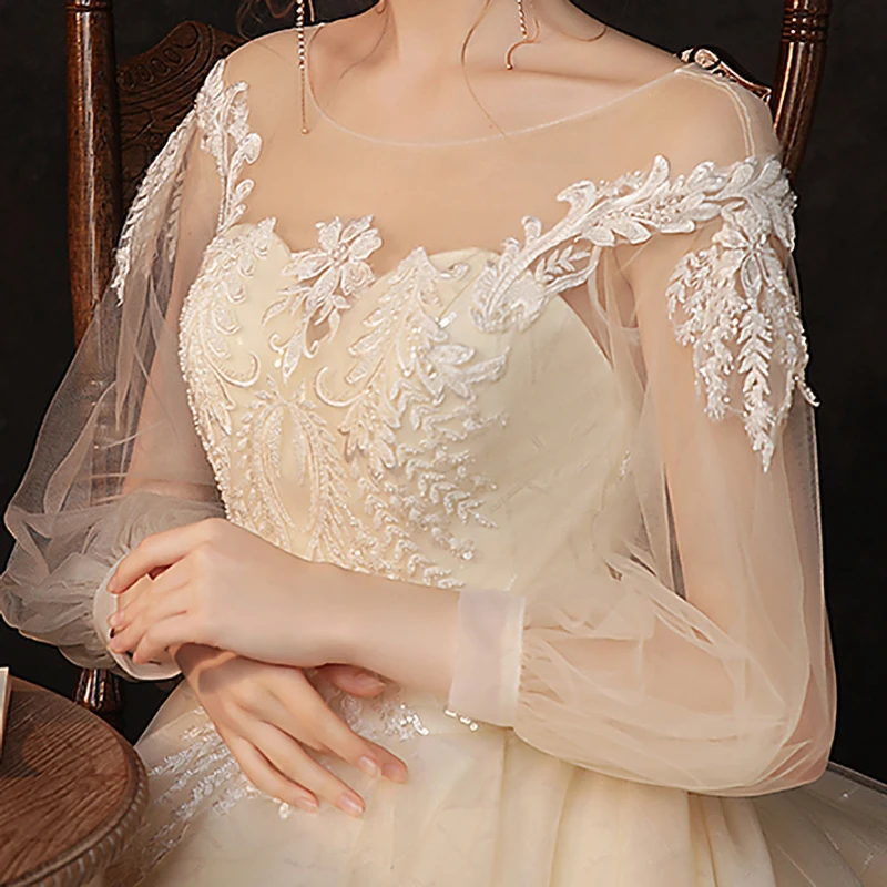 Robe de mariée à fleurs en Tulle, col rond, imprimé Floral brodé, manches bouffantes, Simple, élégante, à lacets, longues, pour femmes, B035, nouvelle collection